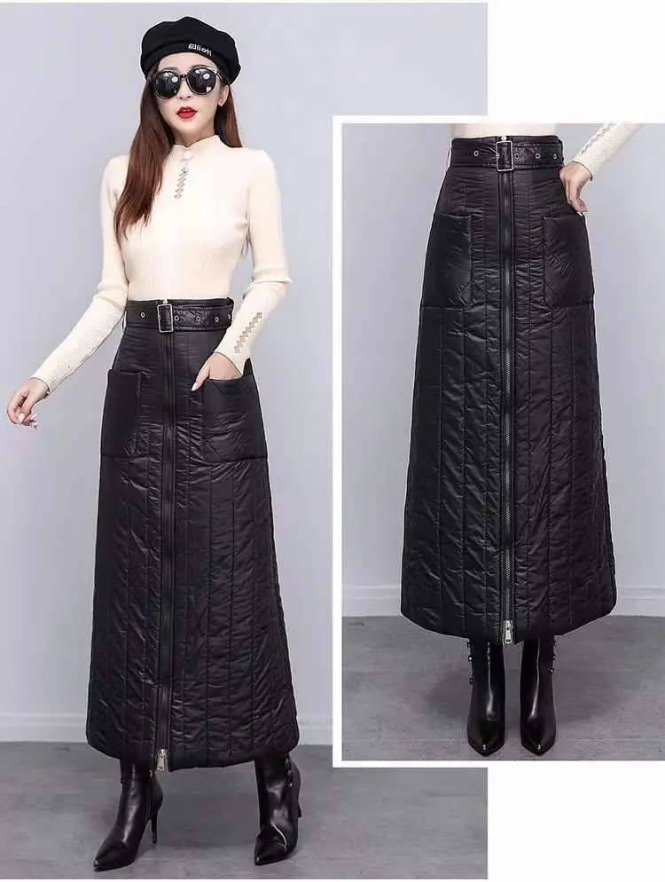 2024 New Spring Autumn Down Cotton Skirt For Women Clothing Winter Warm Protection Skirts Buttocks A-line Black Wrapped Skirt