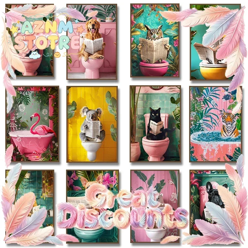 Funny Toilet Animals Black Cat Dog Flamingo Bear Tiger Reading Newspaper Poster Canvas Painting Wall Art Pictures Bathroom De