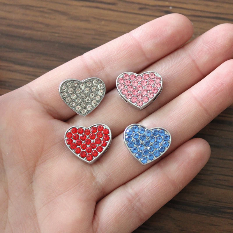 10PC/lot Hole 8MM Full Rhinestones Heart Slide Charm clear pink red blue crystal diy charms Fit For Bracelet Jewelrys Making