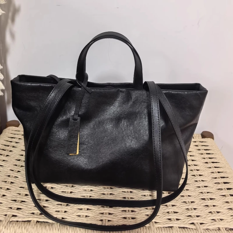 

Large Capacity Genuine Leather Tote Bag Luxury Designer Women's Cowhide Square Handbag Retro Soft Leather Shoulder Crossbody Bag