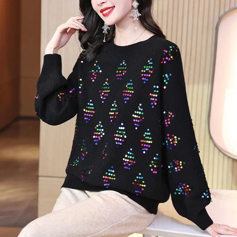 Cashmere Sweater for Women 2023 Autumn Winter New European Goods Elegant Handmade Sequin Idle Style Bottoming Woolen Sweater