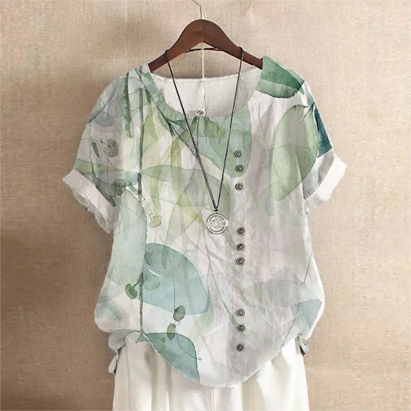 White Blouse 2024 Summer AliExpress Retro Cotton and Hemp Fashion Print Loose Casual Shirt Short Sleeve T-shirt Women chemisiers