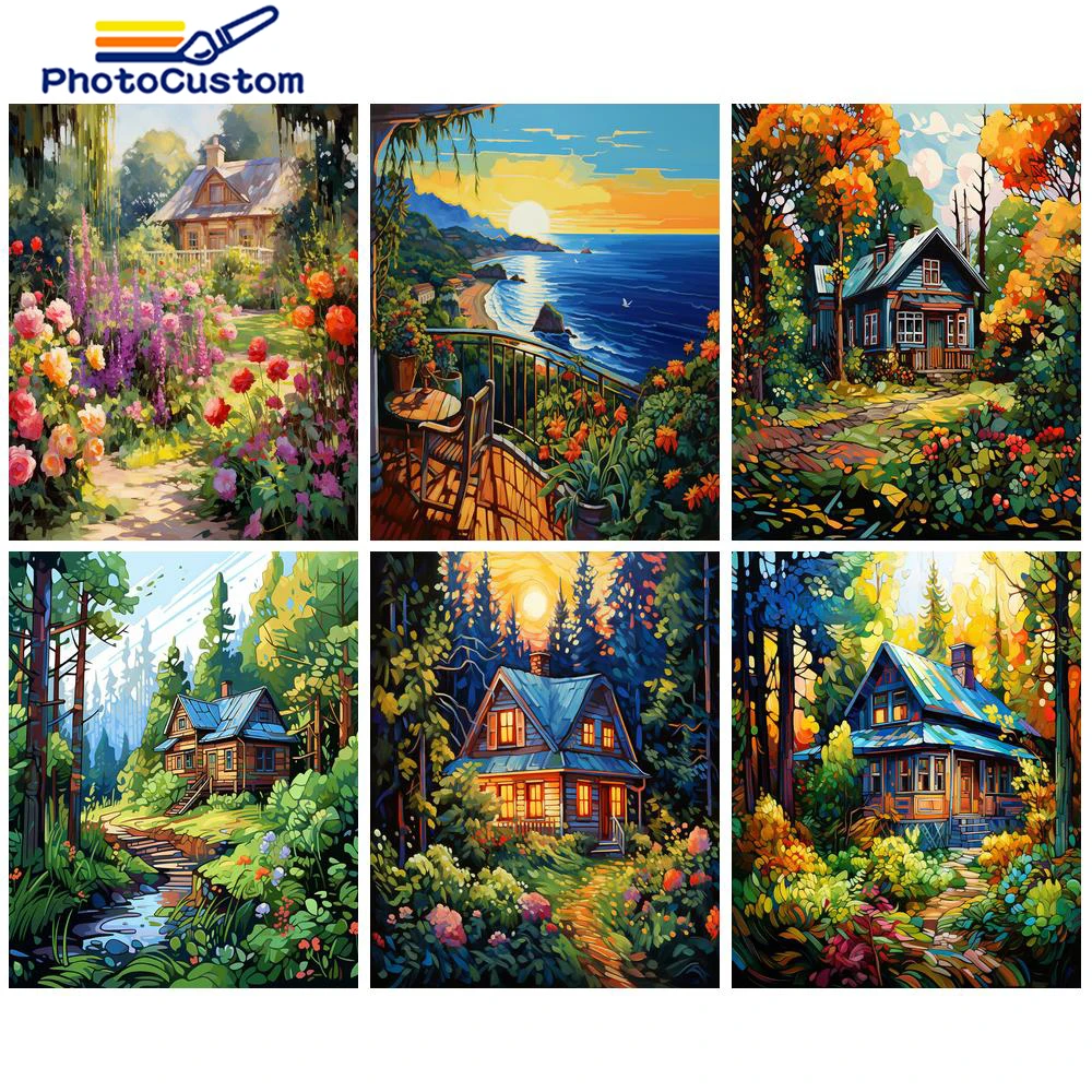 

PhotoCustom DIY Oil Painting By Numbers Landscape House Handpainted Gift Coloring By Numbers Kit Home Bedroom Wall Artwork