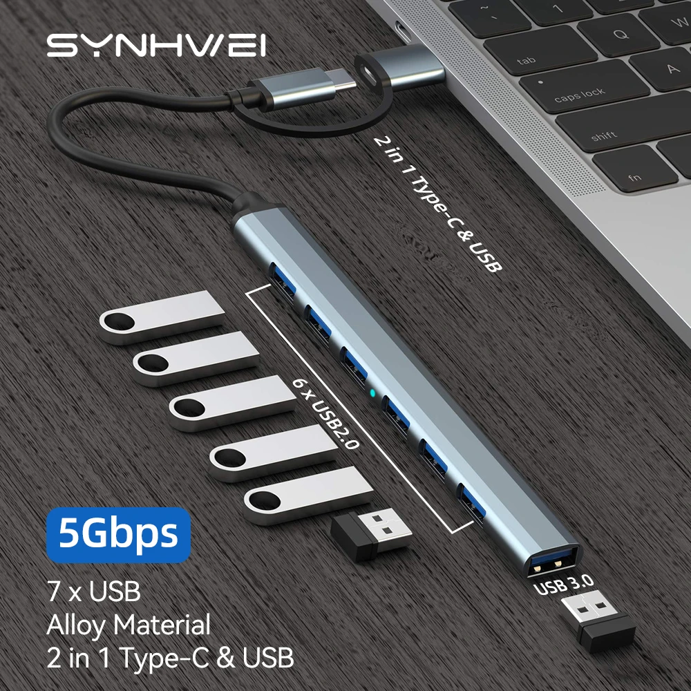 Hub USB tipo C 7 en 1 a USB 3,0/2,0 Hub 5gbps Splitter adaptador para MacBook Pro iPad Pro Samsung Galaxy Note 10 S10