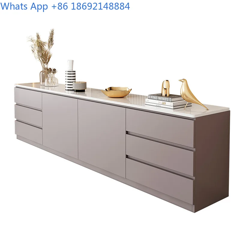 Living Room TV Stand Floor Storage Cabinet with Stone Top 6 Drawer Modern Minimalist Solid Wood Design