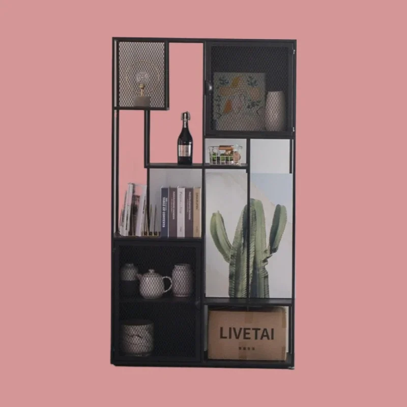 AAWrought Iron Shelf Simple Modern Bookcase With Door Living Room Floor Study Combination Bookcase