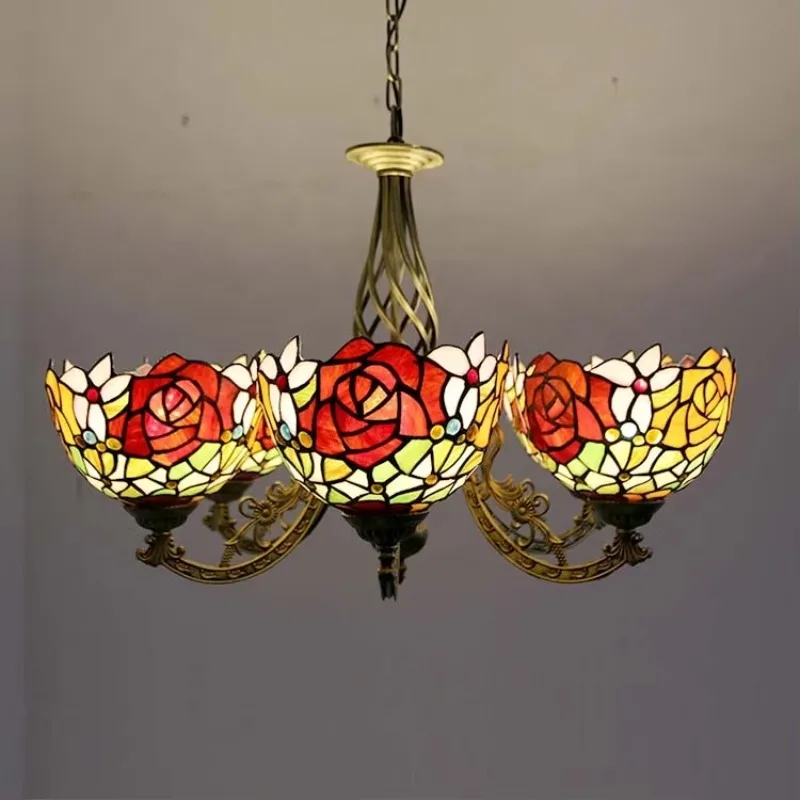 

Deluxe European-style room chandelier, Tiffany stained glass yellow floral lampshade chandelier