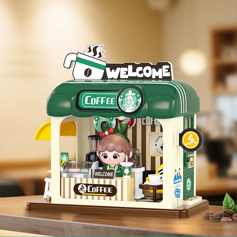 

Simulation Coffee Shop Miniature Building Blocks Set with Doll DIY Assembly Toy Home Decor Birthday Present for Children