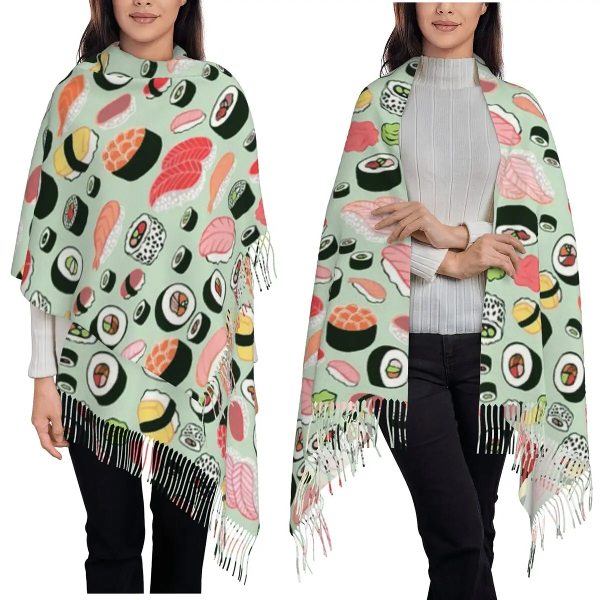 Cartoon-Reis-Nori-Sushi-Oni-Onigiri-Muster-Schal mit Quasten, weiche, warme Schals für Damen und große Herbst-/Winter-Schals/Wickeltücher