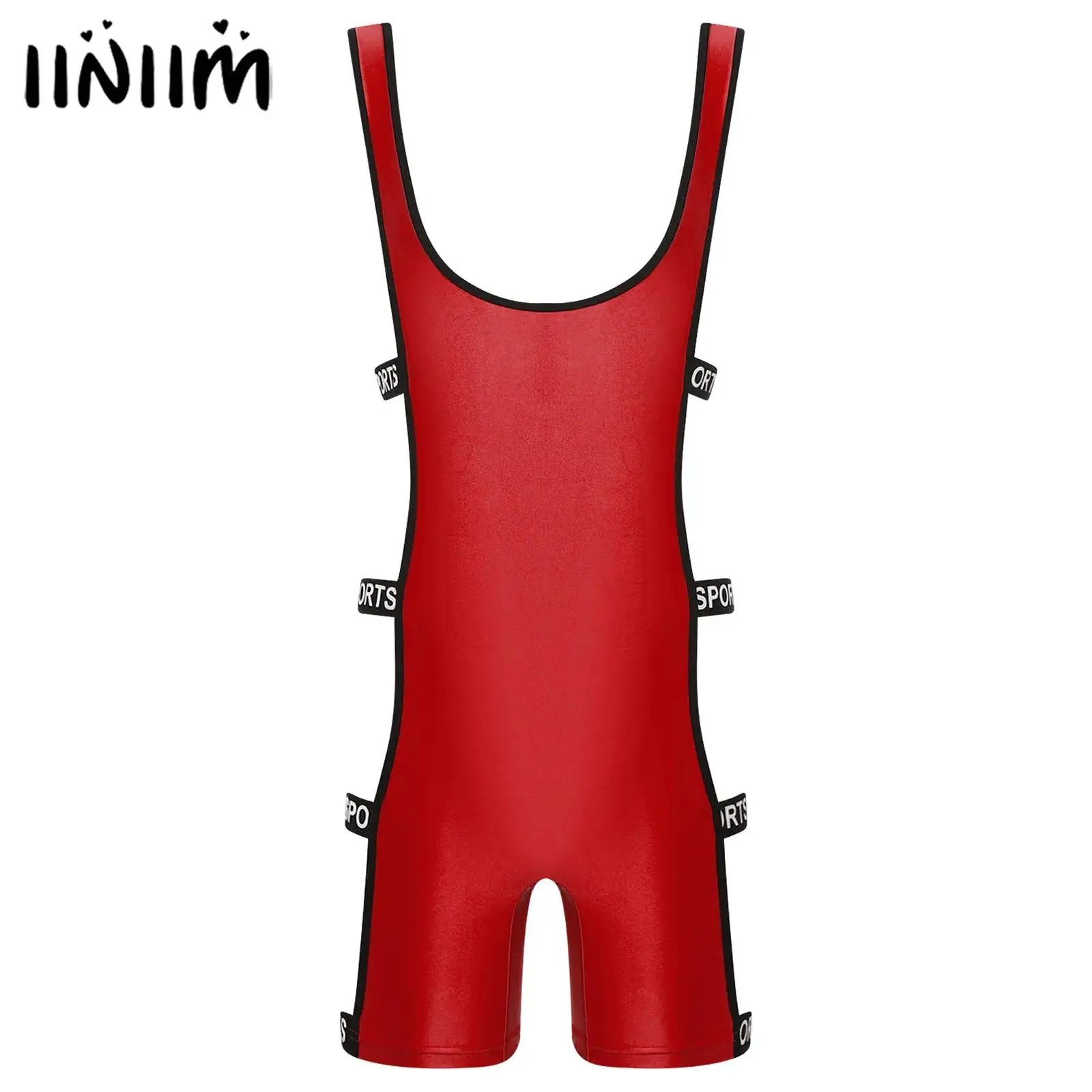 

Mens Oil-shiny Bodysuit Wrestling Singlet Costume Side Cutout with Elastic Bands Boxer Shorts Bottom One-piece Bathing Suit