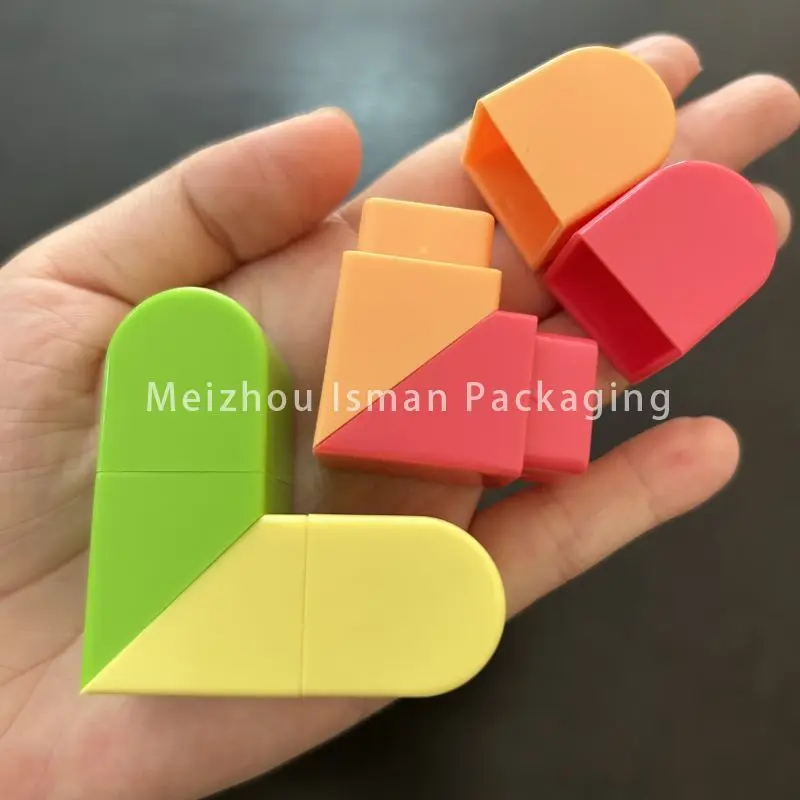 50Pcs Foldable double ended Pink orange yellow green mixed color heart shape lip balm container 2 in 1 empty lipstick tube 5g