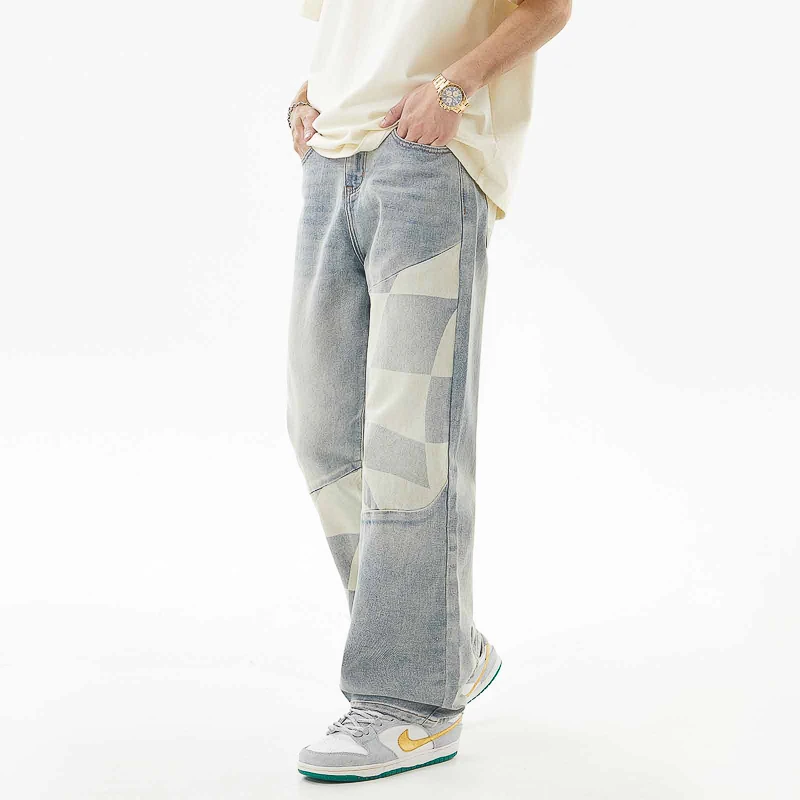 Jeans con cuciture da uomo American Street Fashion stile Hip Hop sciolto dritto gioventù moda coreana bei pantaloni