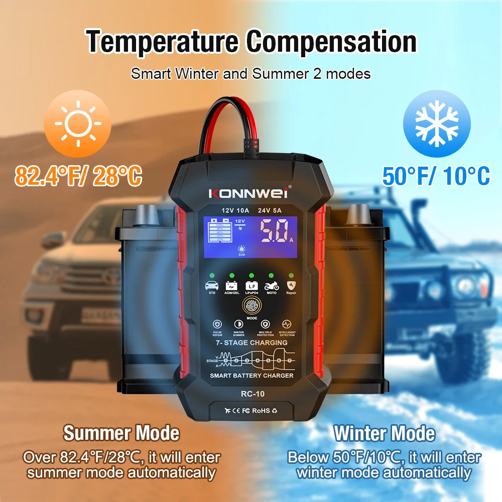 KONNWEI RC-10 12V 10 A 24V 5A cargador de batería de coche completamente automático carga rápida reparación de pulso cargador de batería plomo ácido