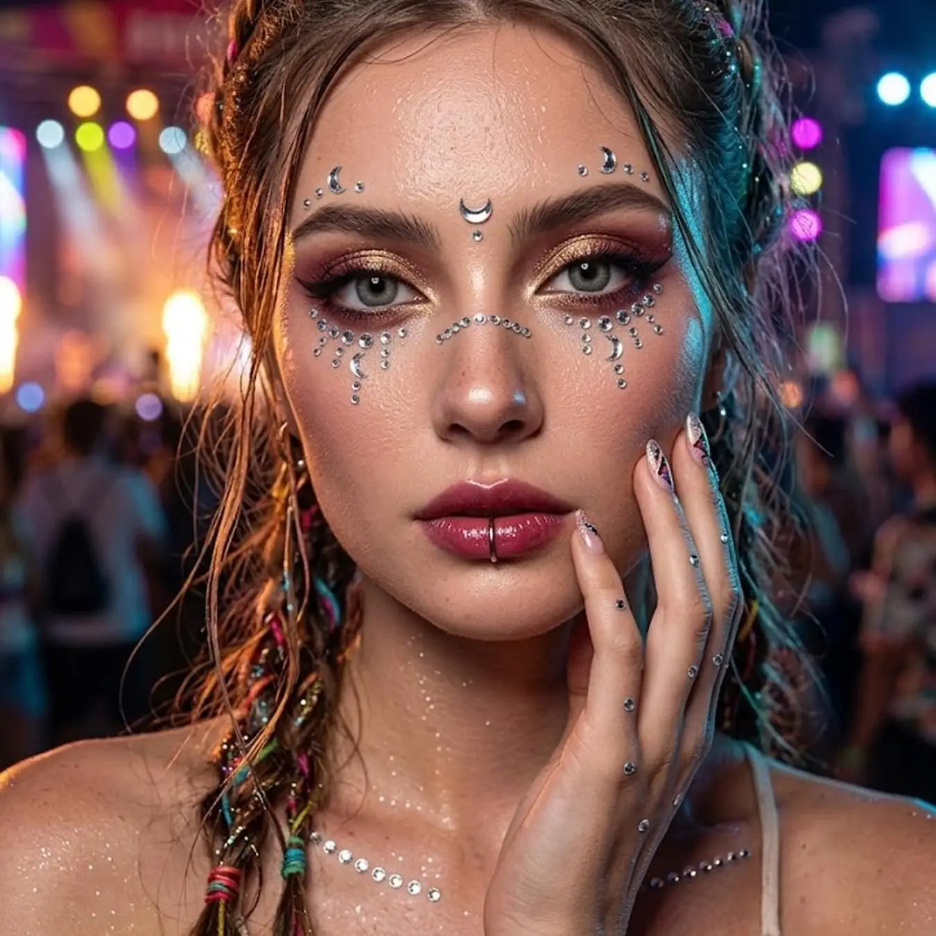 Fake Piercings Balls Stick on Nose Stud Fake Eyebrow Lip Hoop Labret Stud Adhesive Star Face Gems Rhinestone Makeup Stickers view 5