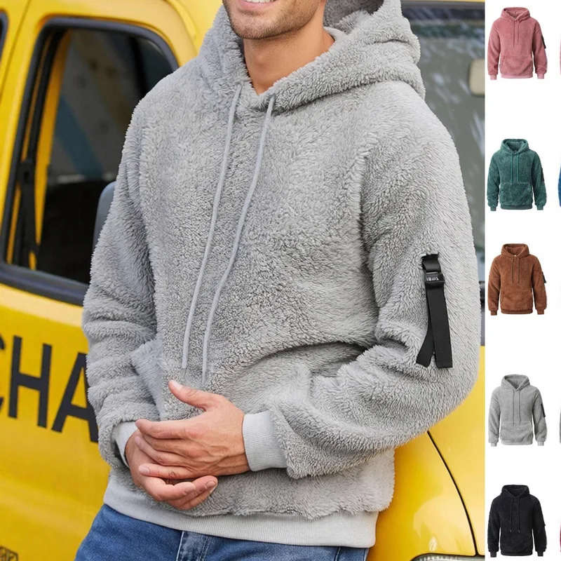 B&C Fuzzy Fleece Hoodie with Arm Strap and Kangaroo Pocket Warm Sweatshirt for Men Winter Daily Wear