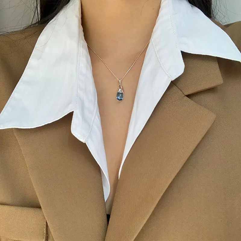 S925Sterling Silver Simple Elegant Blue Water Drop Necklace Pendant Female Special-Interest Design Korean Style All-Match Jewelr