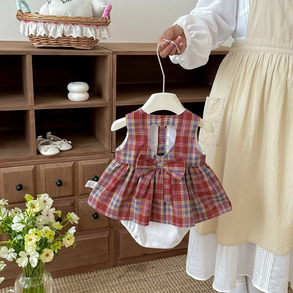 

Cute Newborn Baby Girl Romper 0-2Years Princess Sleeveless Plaid Dress Bodysuit Bow Outfits Summer Sunsuit Clothes