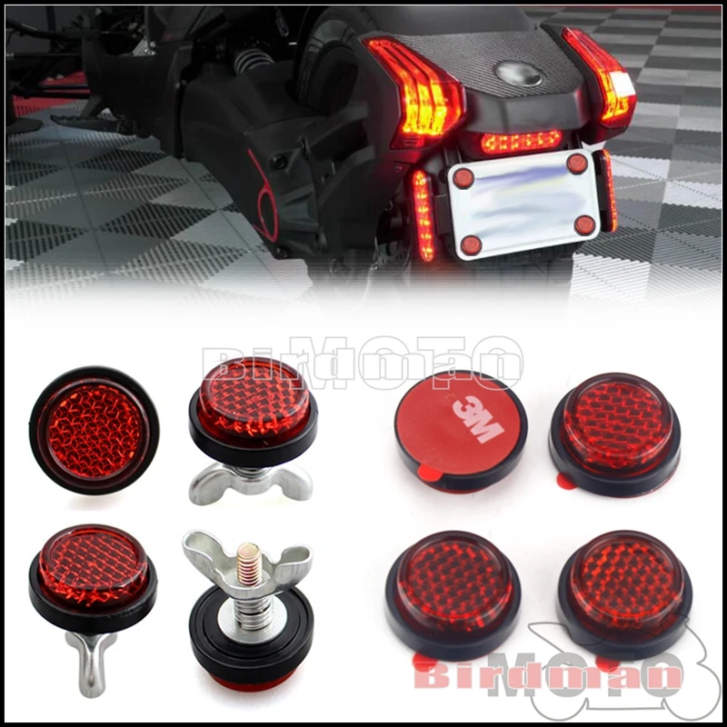 2/4/8 Pcs License Plate Reflectors Motorcycle Stick On & Bolt On Mini Red Safety Reflector For Touring Scooter Cruiser Dirt Bike