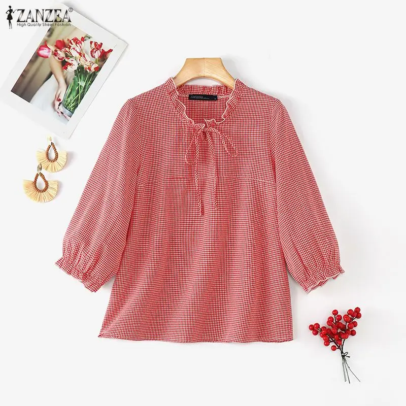 ZANZEA Women Plaid Blouse 3/4 Lantern Sleeve Tops Ruffle Tie Neck Loose Shirts Elegant Tunics Casual Work Autumn Blusas Ladies - view 4