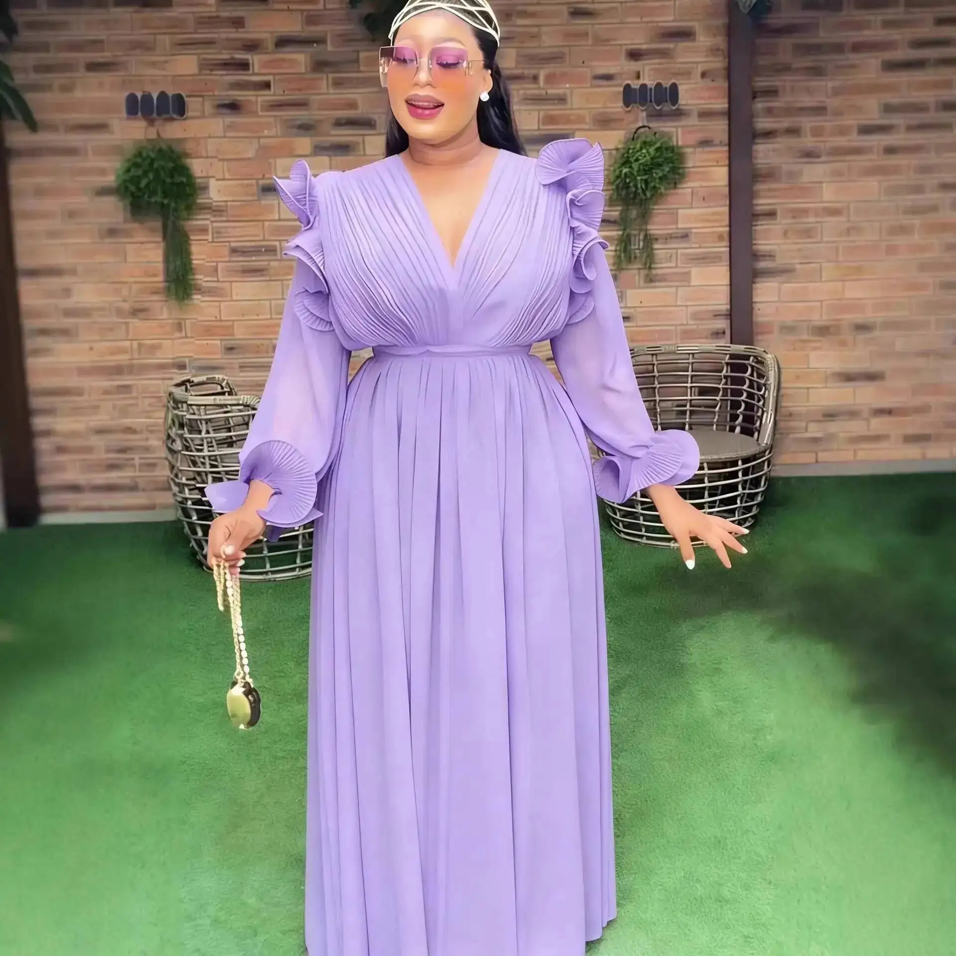 

Plus-size Women's V-neck Ruffled Pleated Skirt, Long Fashionable And Elegant Chiffon Skirt That Conceals The Waist And Hides Y2K