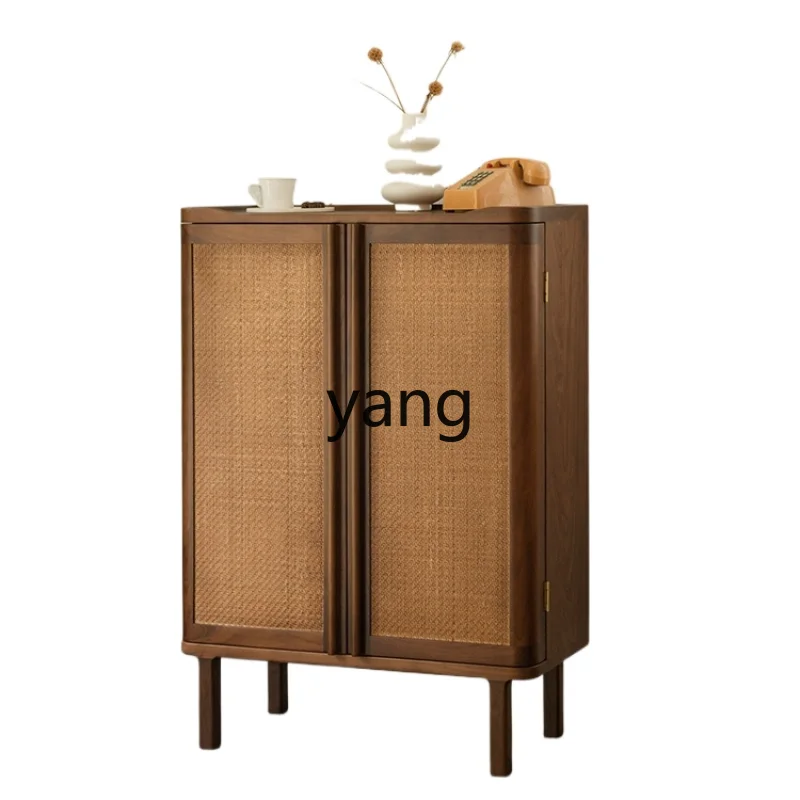 Yjq Black Walnut Pure Solid Wood Shoe Cabinet Home Doorway Hallway Integrated Rattan Vintage Shoe Cabinet