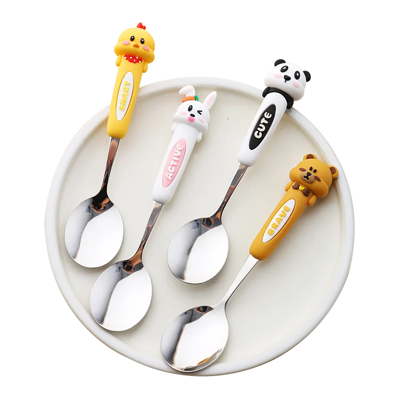 Cute Stainless Steel Spoon Ice Cream Coffee Dessert Spoon Panda Rabbit Brown Bear Silicone Handle Spoon Kitchen Accessories