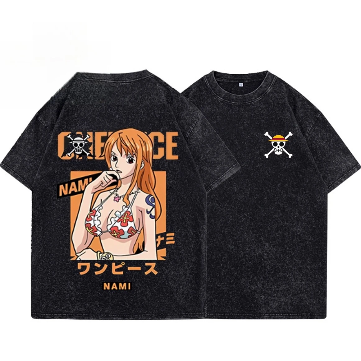 

2026 Short Sleeve Tee Anime One Piece Luffy Nami Graphic Man Clothes Vintage Comfortable summer men's washed cotton T-shirt