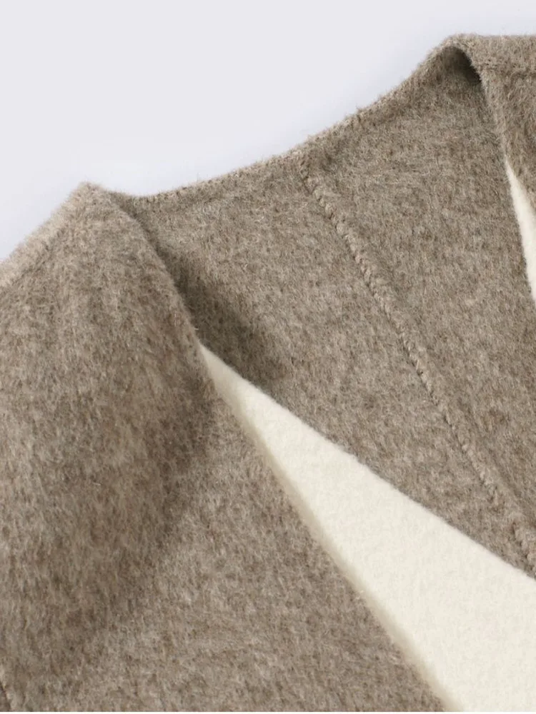 ZMEENNA Women's Elegant Two Tone Wool Blend Long Winter Coat With Detachable Scarf Contrast Cuffs Double Breasted ZM3347