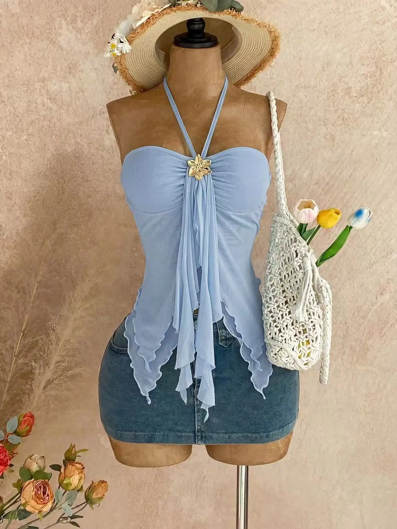 Damen-Camisole mit asymmetrischem Kragen und Muschelverzierung, geeignet für Strandurlaub, Sommer, Frühling, Valentinstag – Detail 4