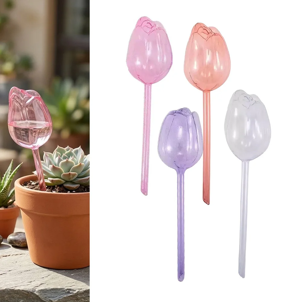 Self-Watering Bulbs for Houseplants - Set of 4 Tulip Design PVC Watering Spikes with Transparent Body for Monitoring Water Level