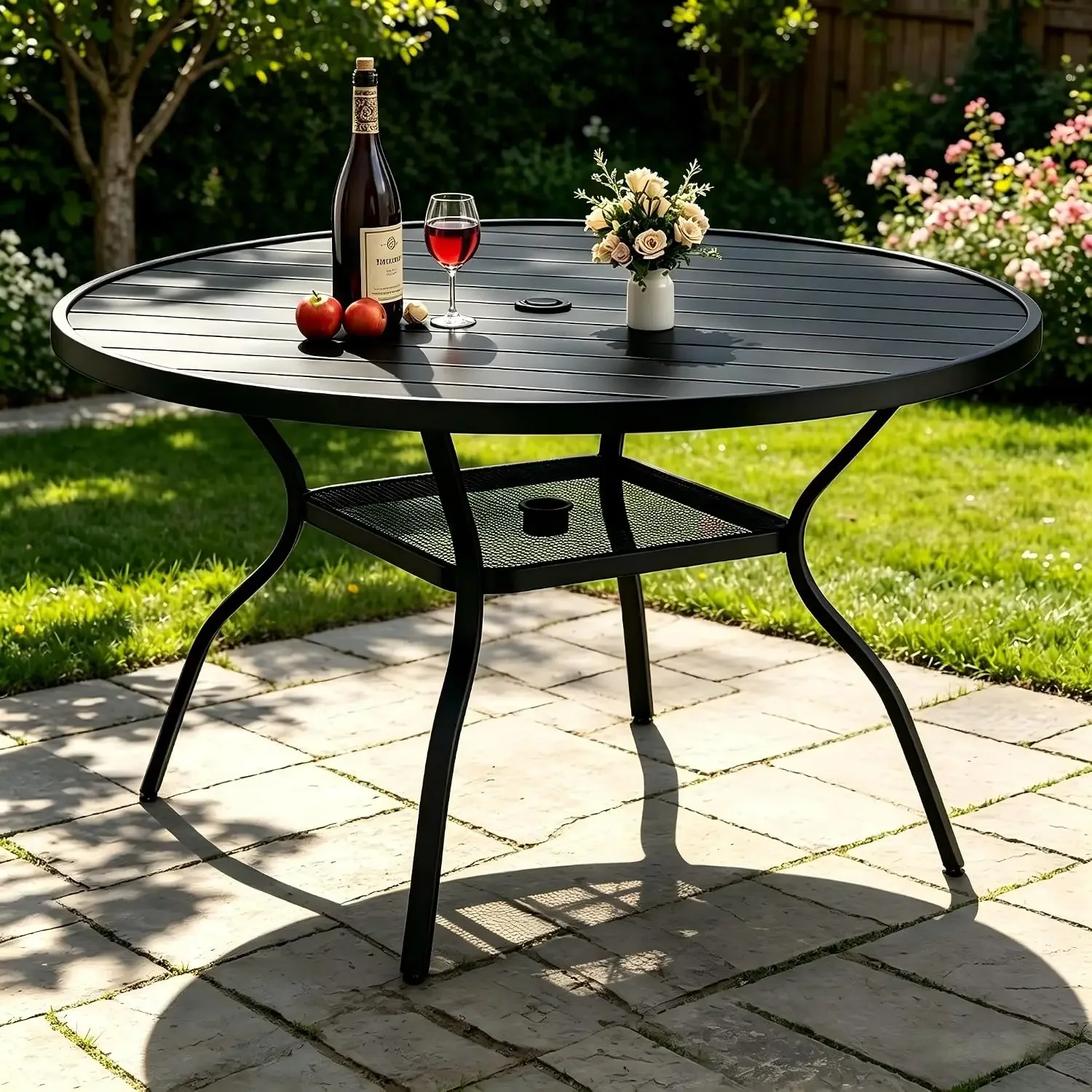 47.3 Inch Outdoor Dining Table for 6 – E-Coating Metal Round Patio Table with Adjustable 1.57