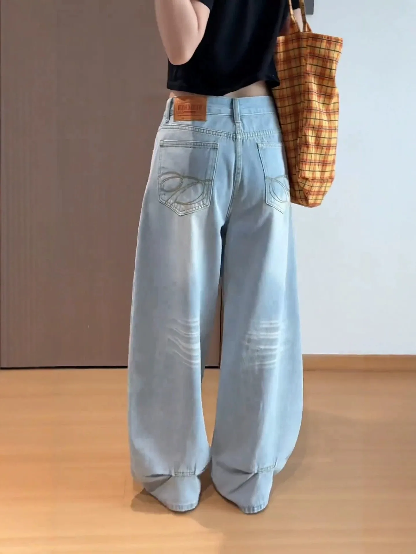 High Waist Wide Leg Blue Jeans Women's Loose Fit Embroidered Straight Cut Design Casual Comfortable Denim Trousers