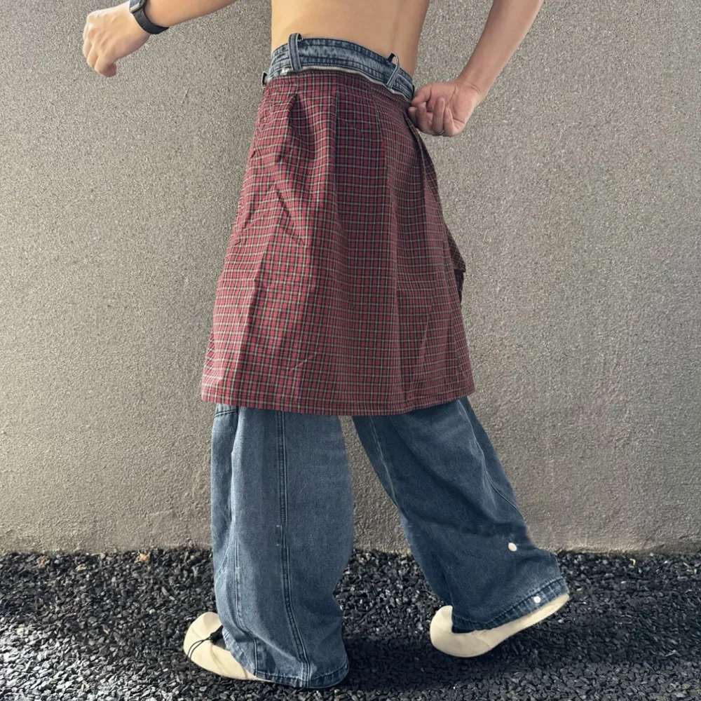 남녀 공용 탈부착 가능한 체크무늬 스커트 스트리트웨어 패션 힙합 루즈 캐주얼 데님 카고 바지 유니섹스 바지