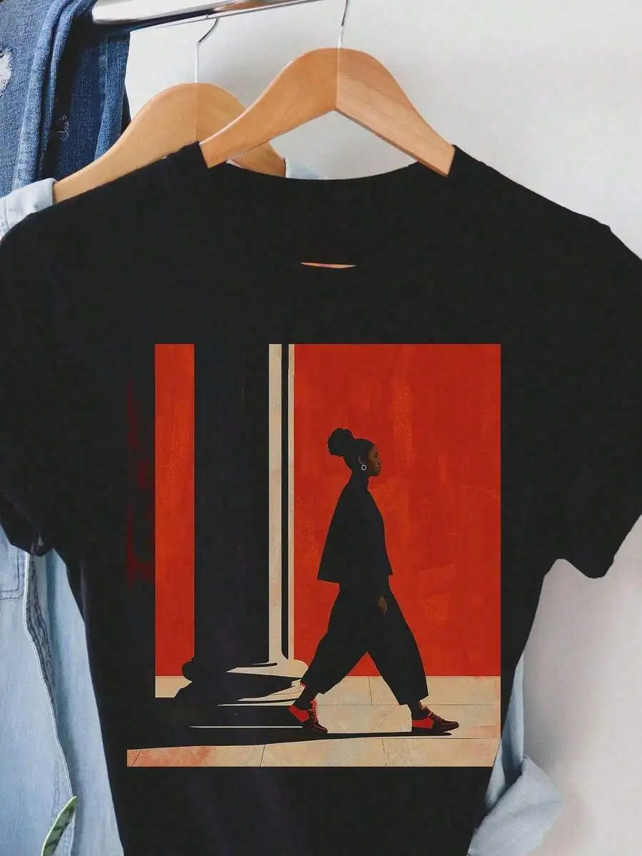 

Cotton Womens O-Neck Short Sleeve Tee With Walking Woman Graphic Print