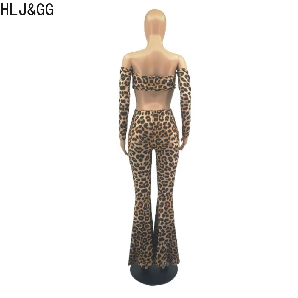 HLJ&GG Sexy Leopard Print Flared Pants Sets Women Off Shoulder Hollow Long Sleeve Crop Top And Pants Two Piece Outfit Streetwear