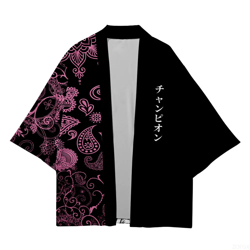 

New Japanese Letter Printed Traditional Kimono Men and Women Role-playing Half Sleeved Cardigan Top