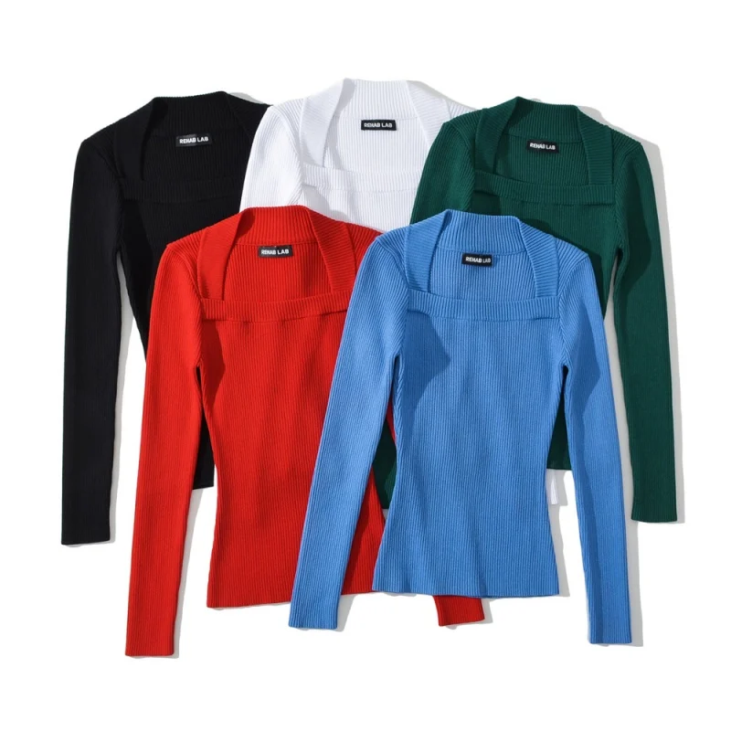 

Slim Fit Long Sve трикотажная основа irt с квадратным воротником, эластичный винтажный универсальный утягивающий трикотажный топ для женщин