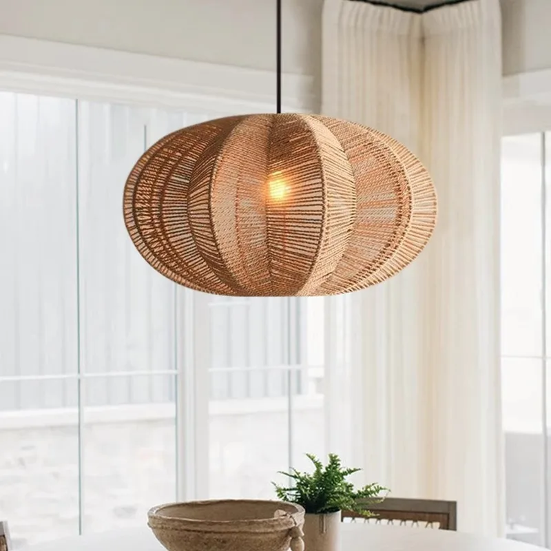 

New Hand-woven Hemp Rope Chandelier Pastoral Hotel Retro Lantern Round Lamps Creative Lights Fixtures Bar Counter Bedroom