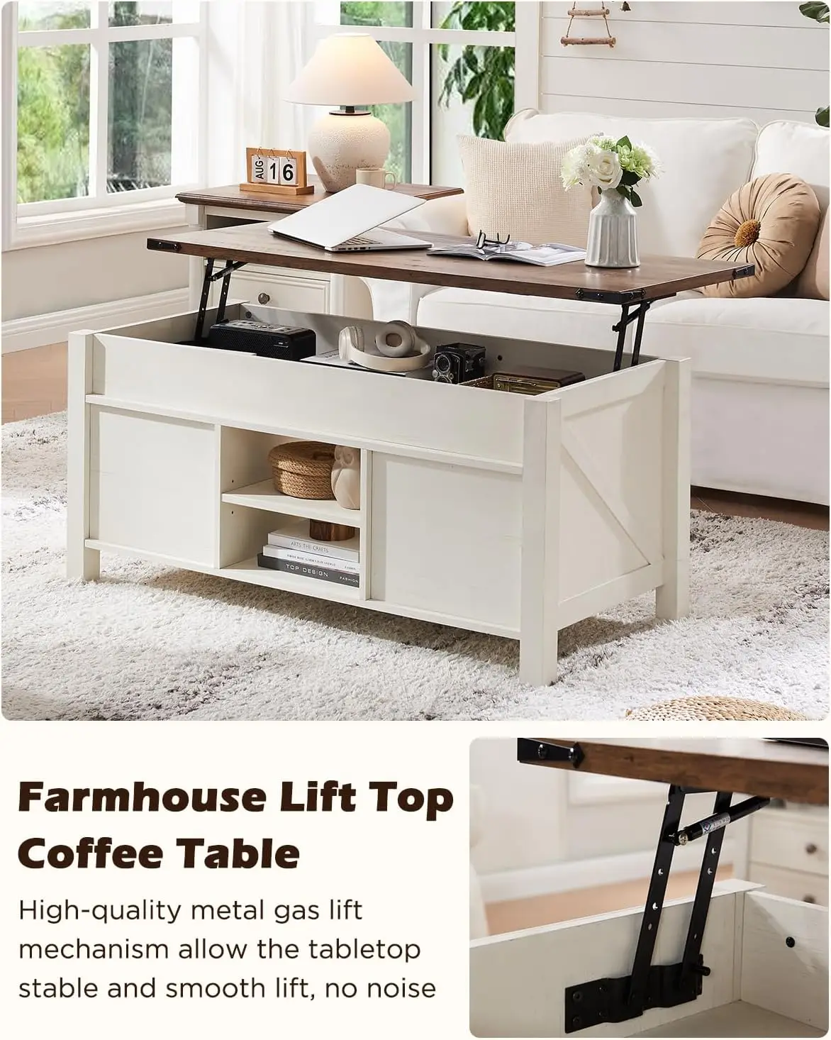 Farmhouse Lift Top Coffee Table com deslizante porta de celeiro, mesa central rústica, compartimento de armazenamento escondido, elevação Tabletop, 48"