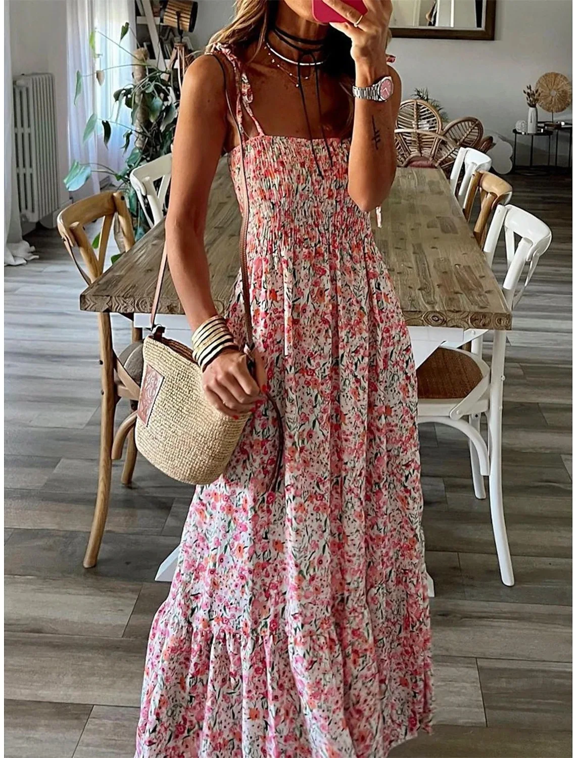 Summer Fashion Sling Maxi Dress allentato elegante Ruffle a-line Dress Casual Floral Printed Women Backless Beach Dresses Midi Dress