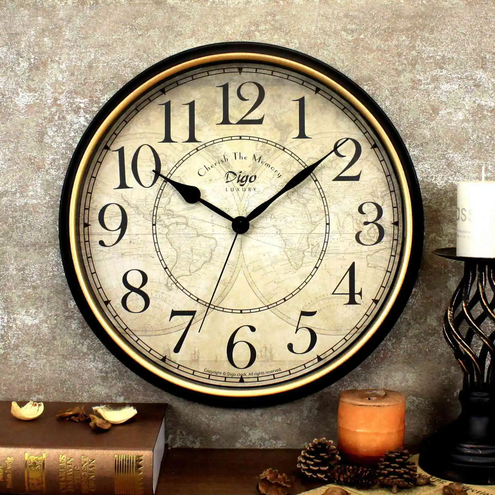 Digo Wall Clock 15 Inch Metal Silent Non-Ticking Battery Quartz Retro Digital Clocks Decor Table Dial for Home Room A