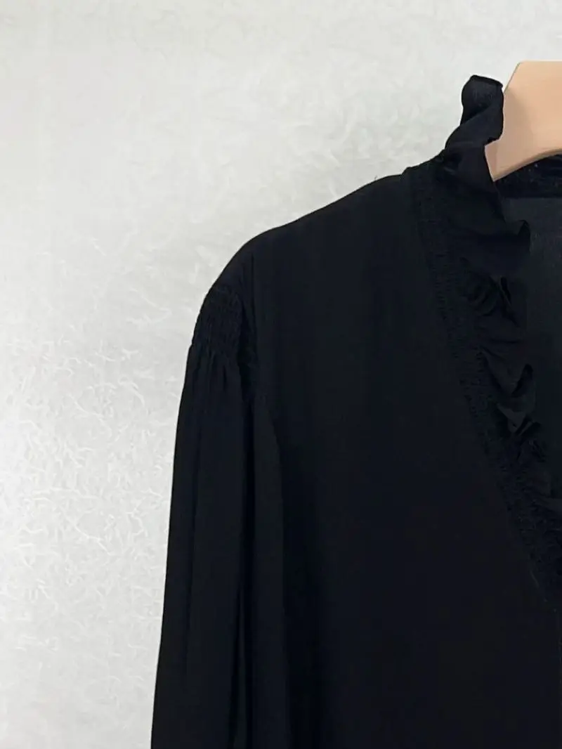 Women Black Blouse Autumn 2024 Ruffles Spliced V-Neck Long Sleeve Single Breasted Elegant Ladies Shirt