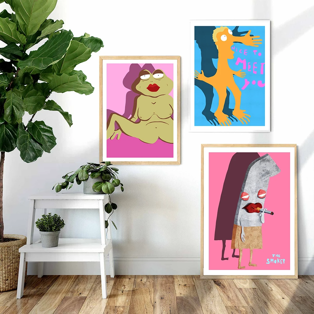 Abstract Cartoon The Smoker Funny Frog Pose Art Print Poster Alien Canvas Painting Long Faced Monster Kids Room Home Decor