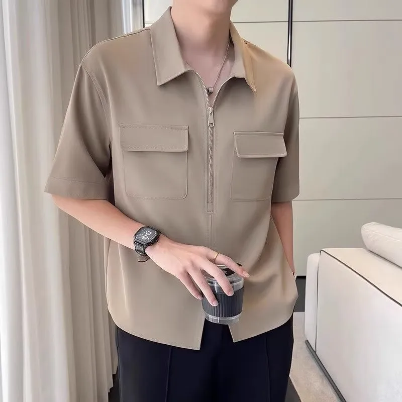 

Ice Silk Cool Feeling f Zip ort Sve Men's irt ket Design Thin Anti-Wrinkle T-irt Casual Sle Polyester Fiber