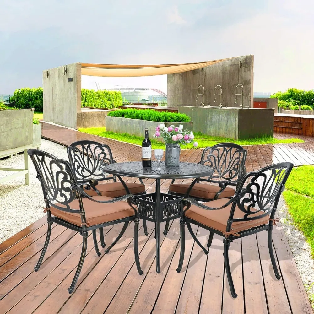 5-Piece Outdoor Patio Dining Set, Patio Furniture Set , Include 4 Cushioned Chairs, a 35.4 inch Round Table w/Umbrella Hole