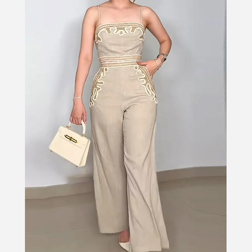 

Women Spaghetti-Strap Jumpsuit High-Waisted Wide-Leg Pants Sleeveless Bodice Slim-Fit Lightweight Fabric Elegant Occasion Wear