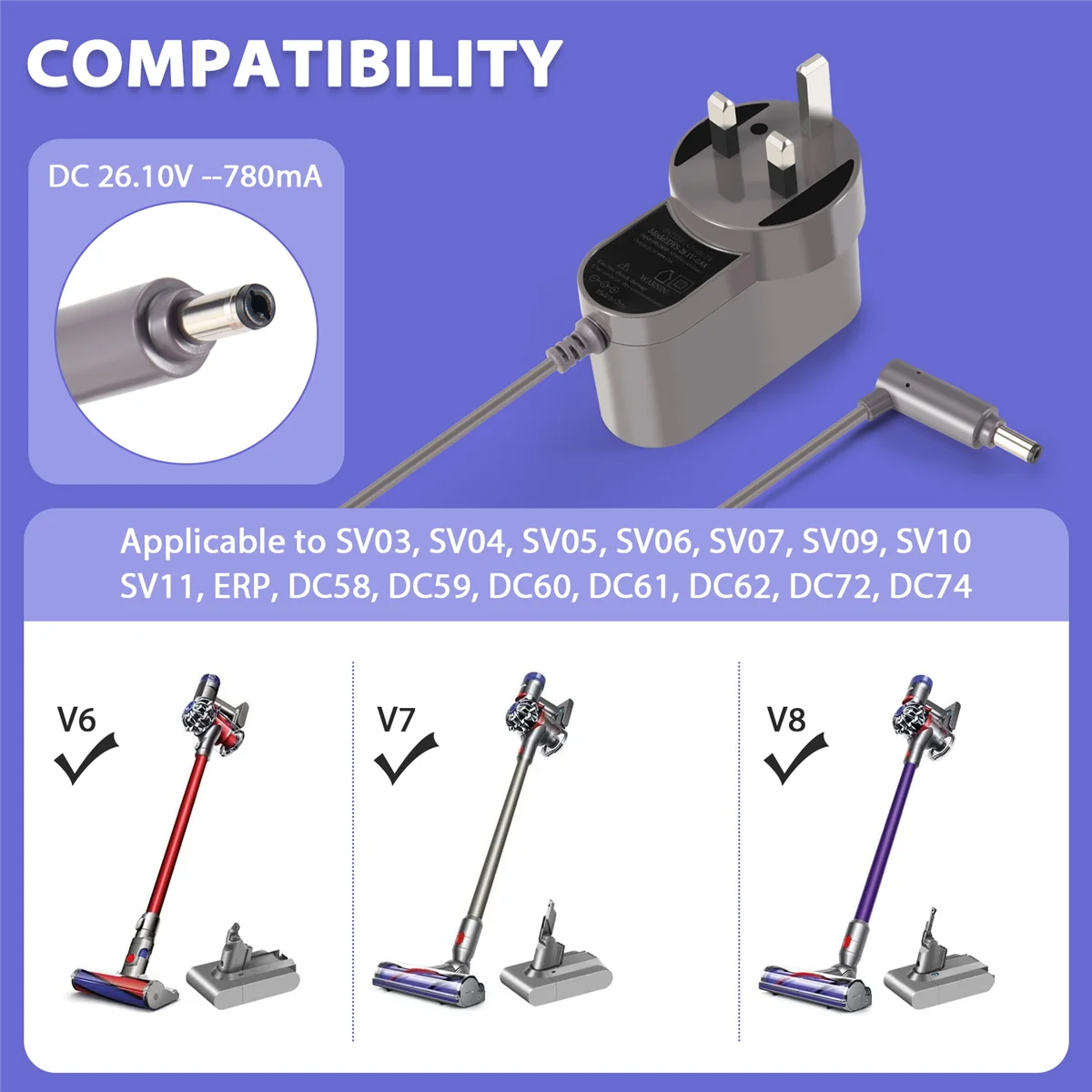 1,85 m langes Kabel, Ladegerät, Adapter für DYSON Roboter-Staubsauger, V6, V7, V8, UK-Stecker