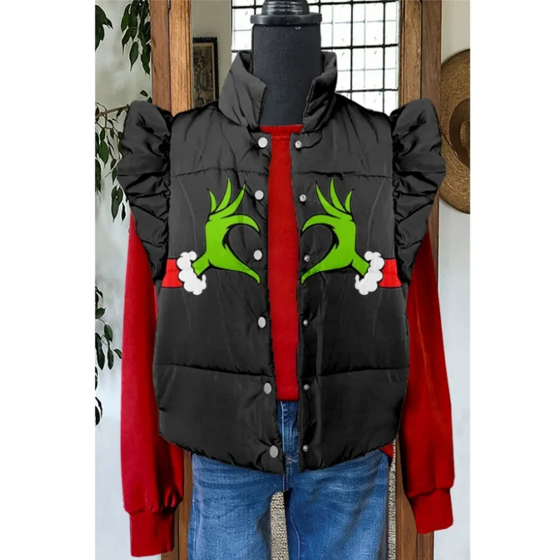 2024 Herbst/Winter Damen Bequeme Weste Freizeitjacke 3D-gedruckt Manga Pop Muster Damen Helle ärmellose Knopfspitze