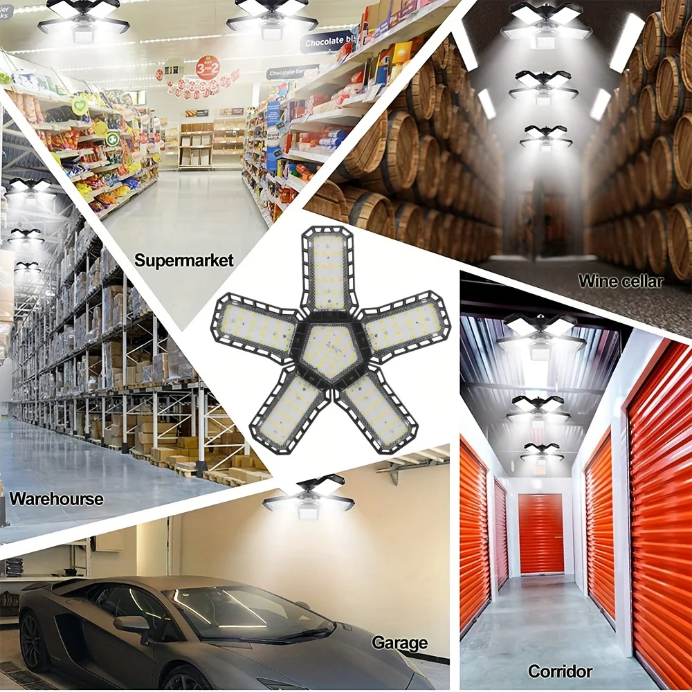 LED Garage Light Bulbs, Super Bright Garage Lighting with 5 Adjustable Panel E27 Screw Socket LED Shop Light for warehouse