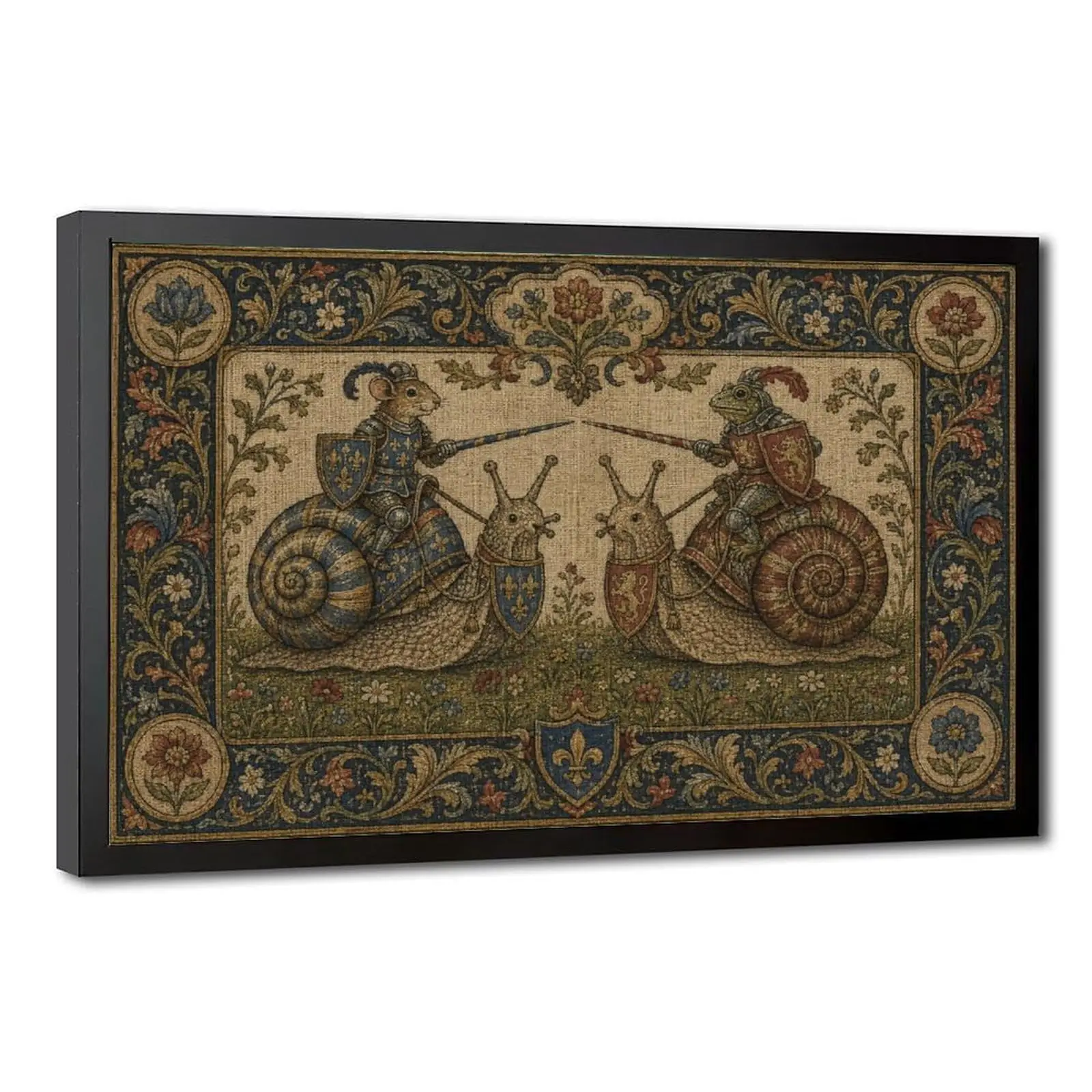 Medieval Mouse and Frog Knight Jousting on Snails Canvas Tapestry Fantasy